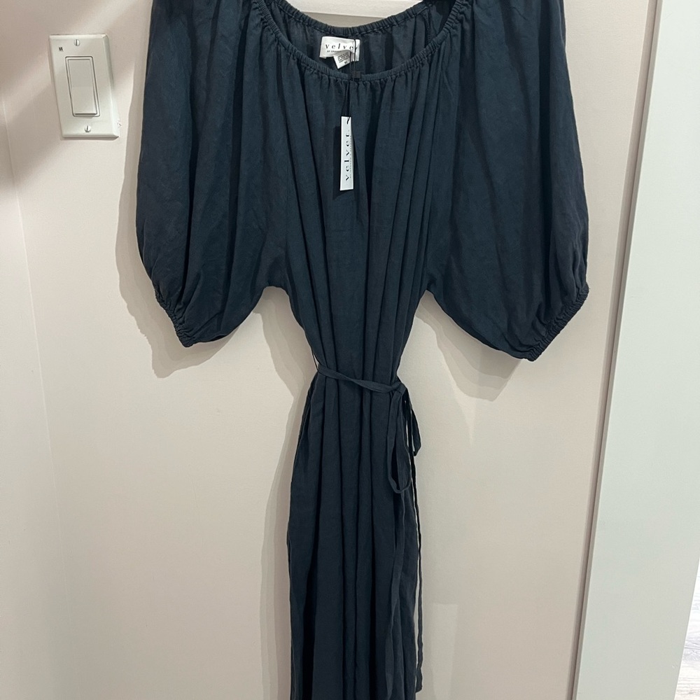 Velvet by Graham & Spencer Navy Linen Wrap Midi Dress with Bishop Sleeves
